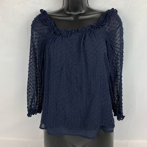 J Crew Sheer Lined Textured Dotted Silk Blend Ruffled Top Blouse Blue Size PXXS